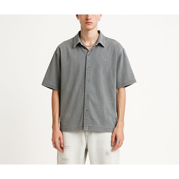 Zara Gray LA Faded Distressed M Grey Button Up Shirt Oversized Boxy Fit S/S - Picture 1 of 10